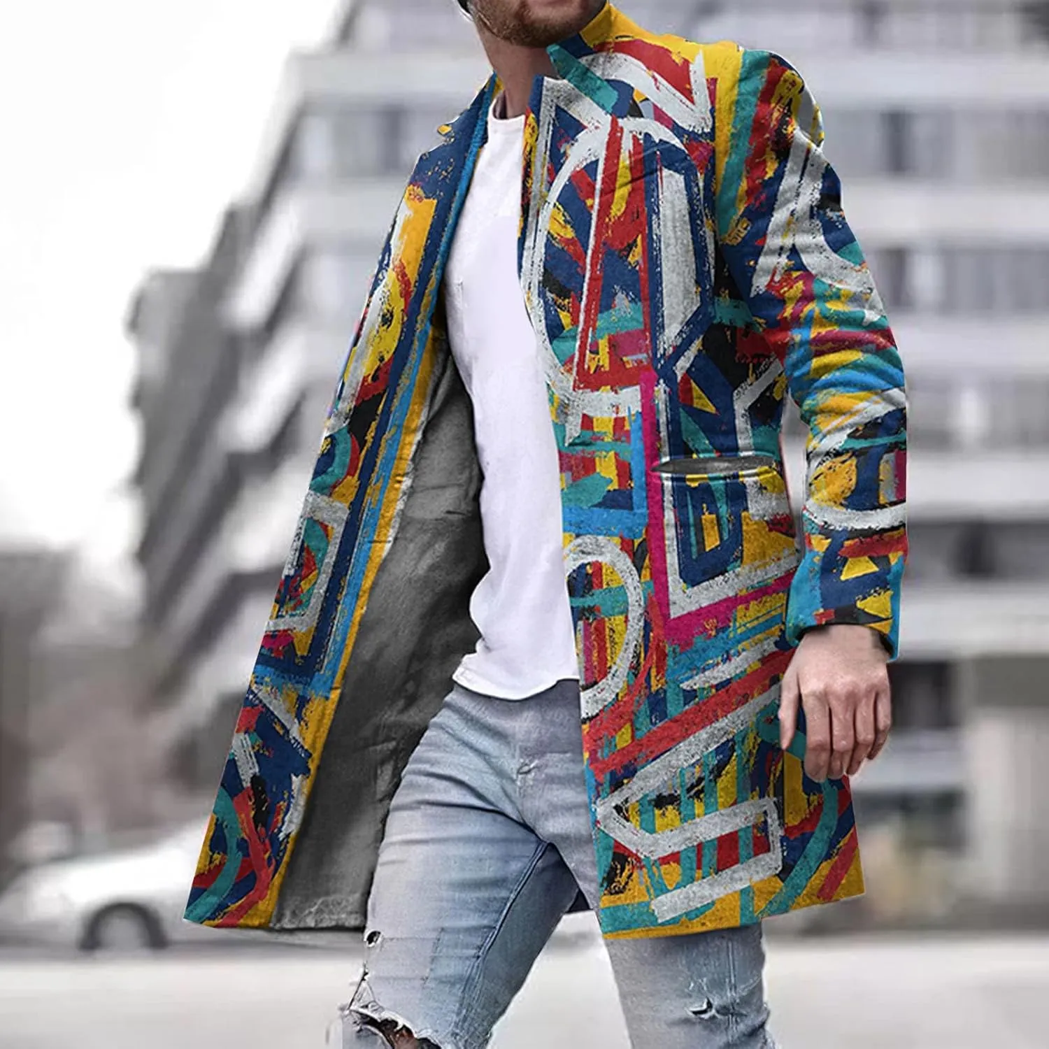 Mens Casual Trench Coat Slim Fit Notched Collar Long Woolen Jacket Overcoat Single Breasted Blazer Pea Coat wih Pocket