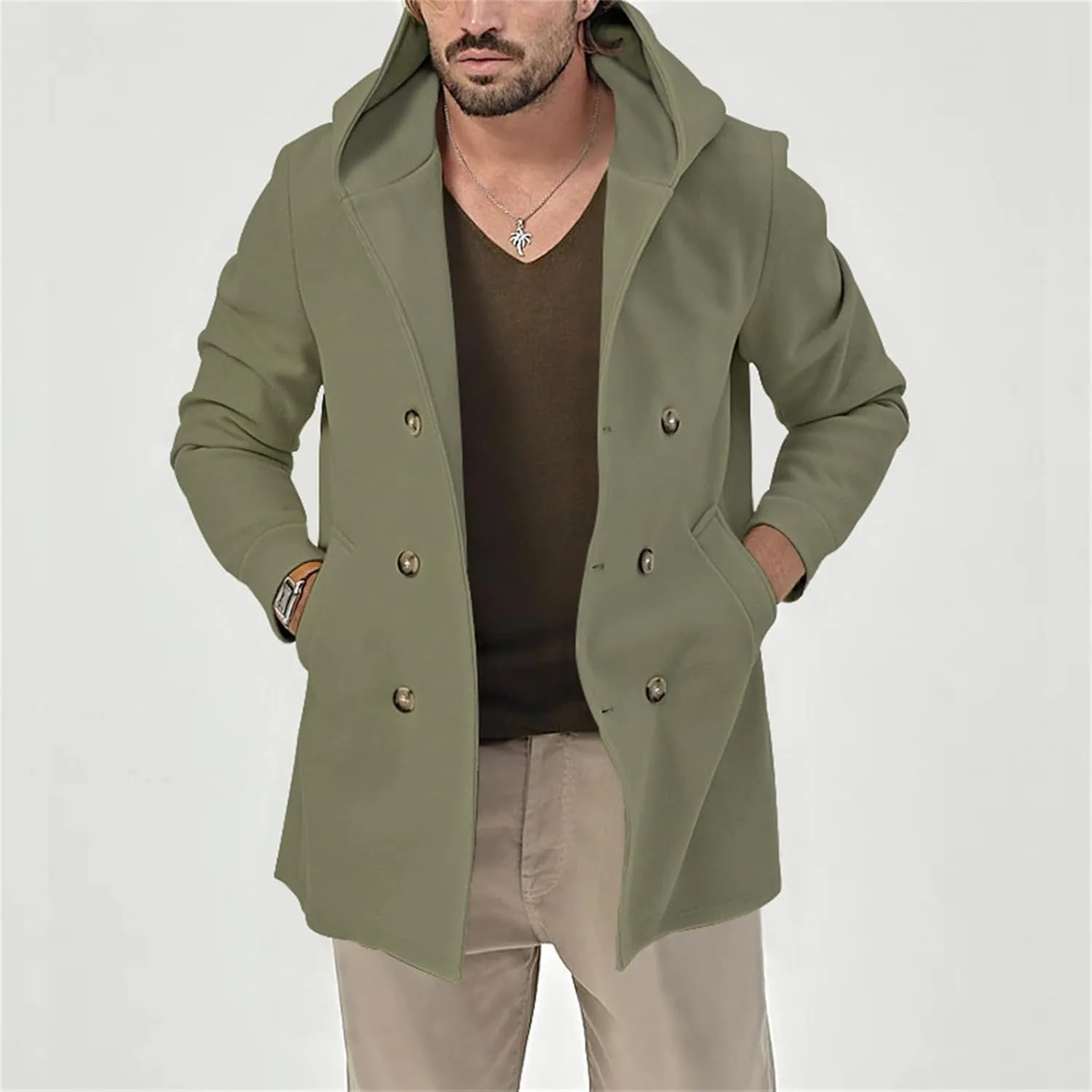 Mens Classic Mid Long Pea Coat Notched Collar Double Breasted Slim Fit Winter Warm Heavyweight Trench Coats