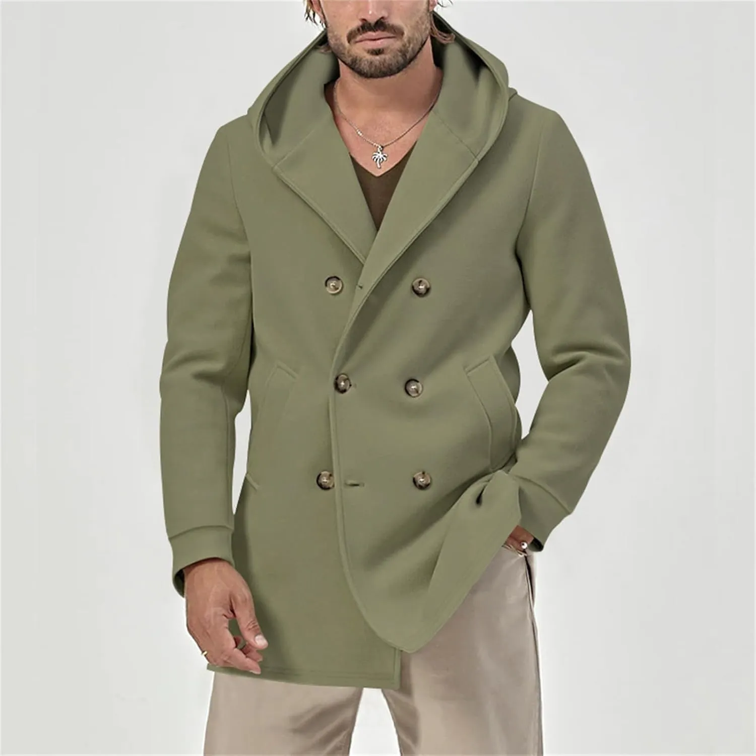 Mens Classic Mid Long Pea Coat Notched Collar Double Breasted Slim Fit Winter Warm Heavyweight Trench Coats