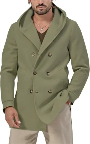 Mens Classic Mid Long Pea Coat Notched Collar Double Breasted Slim Fit Winter Warm Heavyweight Trench Coats