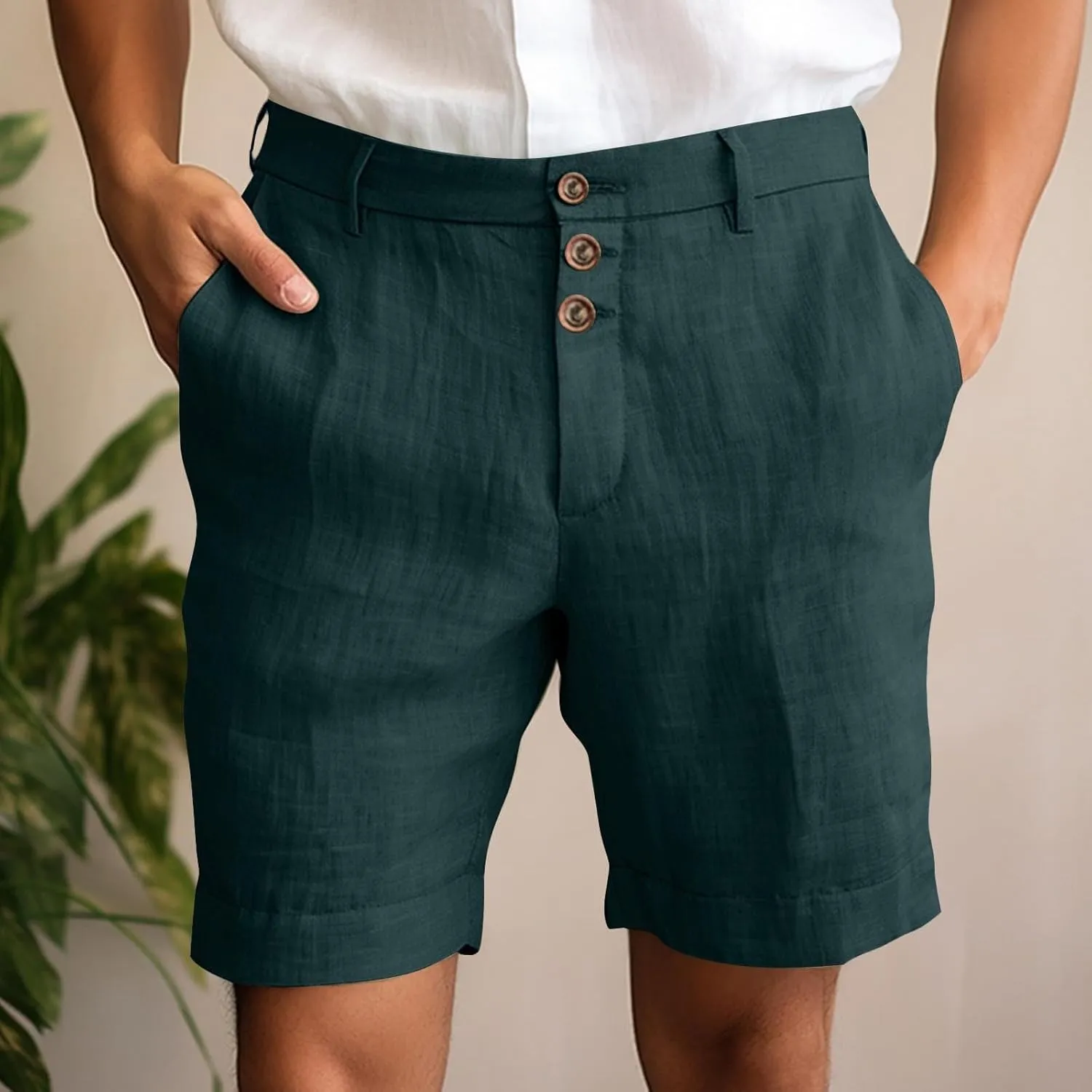 Mens Cotton Linen Flat Front Shorts Business Casual Dress Pants Button Up Closure Elastic Waist Summer Beach Slim Fit Shorts