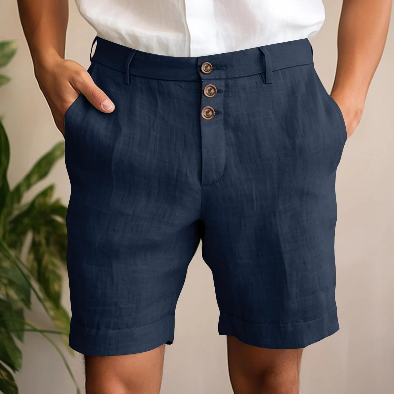 Mens Cotton Linen Flat Front Shorts Business Casual Dress Pants Button Up Closure Elastic Waist Summer Beach Slim Fit Shorts