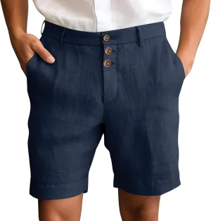Mens Cotton Linen Flat Front Shorts Business Casual Dress Pants Button Up Closure Elastic Waist Summer Beach Slim Fit Shorts