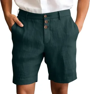 Mens Cotton Linen Flat Front Shorts Business Casual Dress Pants Button Up Closure Elastic Waist Summer Beach Slim Fit Shorts