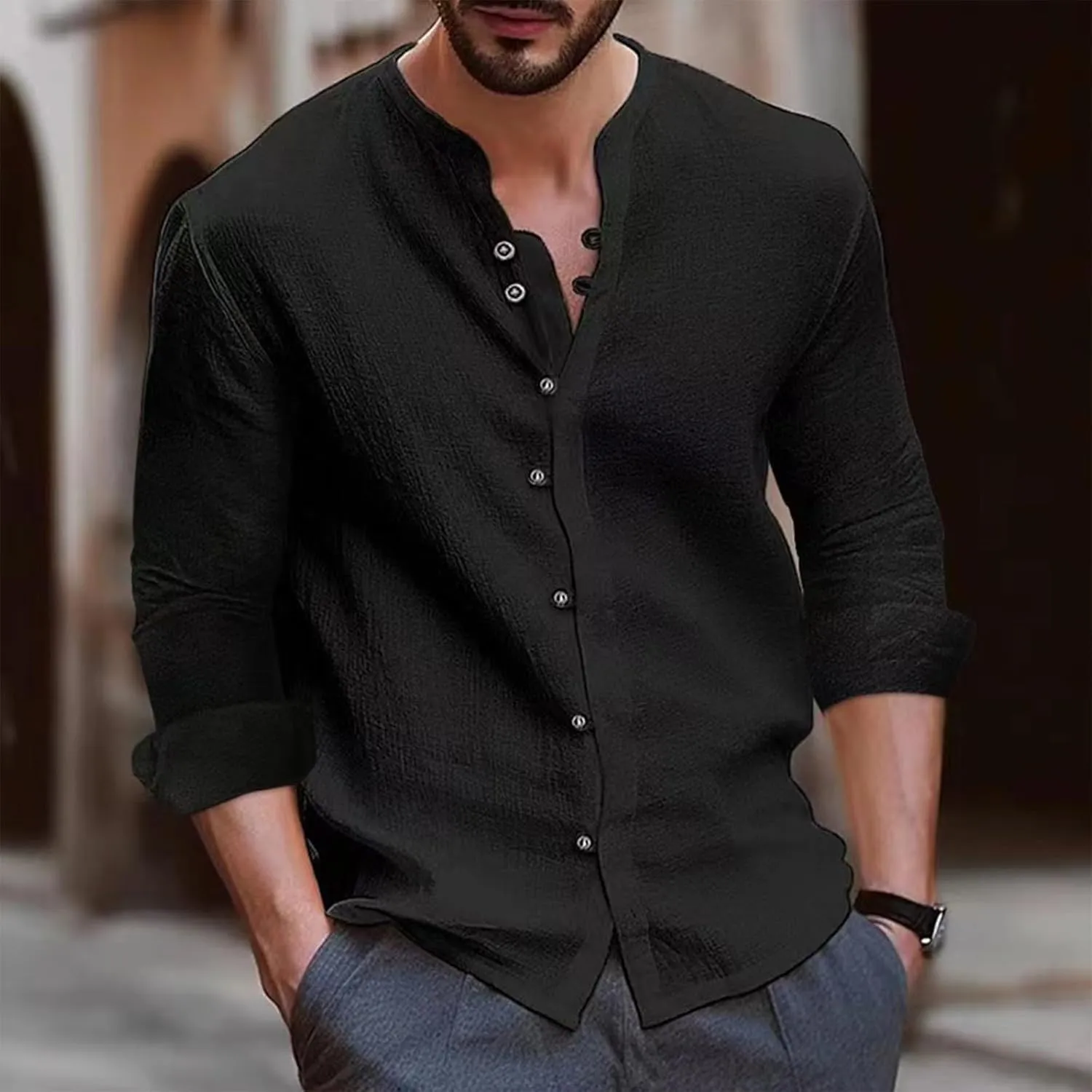 Mens Cotton Linen Shirts Vintage Lightweight Button Down Blouses Casual Loose Long Sleeve V-Neck Tops