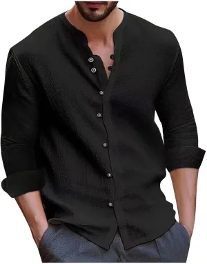 Mens Cotton Linen Shirts Vintage Lightweight Button Down Blouses Casual Loose Long Sleeve V-Neck Tops