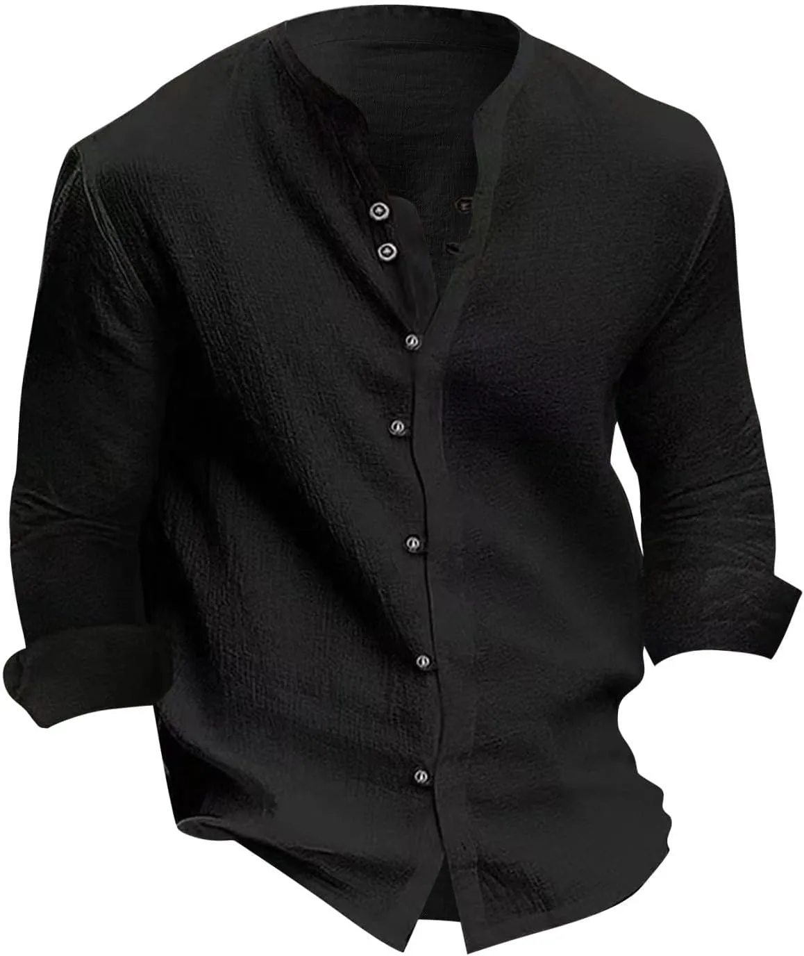 Mens Cotton Linen Shirts Vintage Lightweight Button Down Blouses Casual Loose Long Sleeve V-Neck Tops