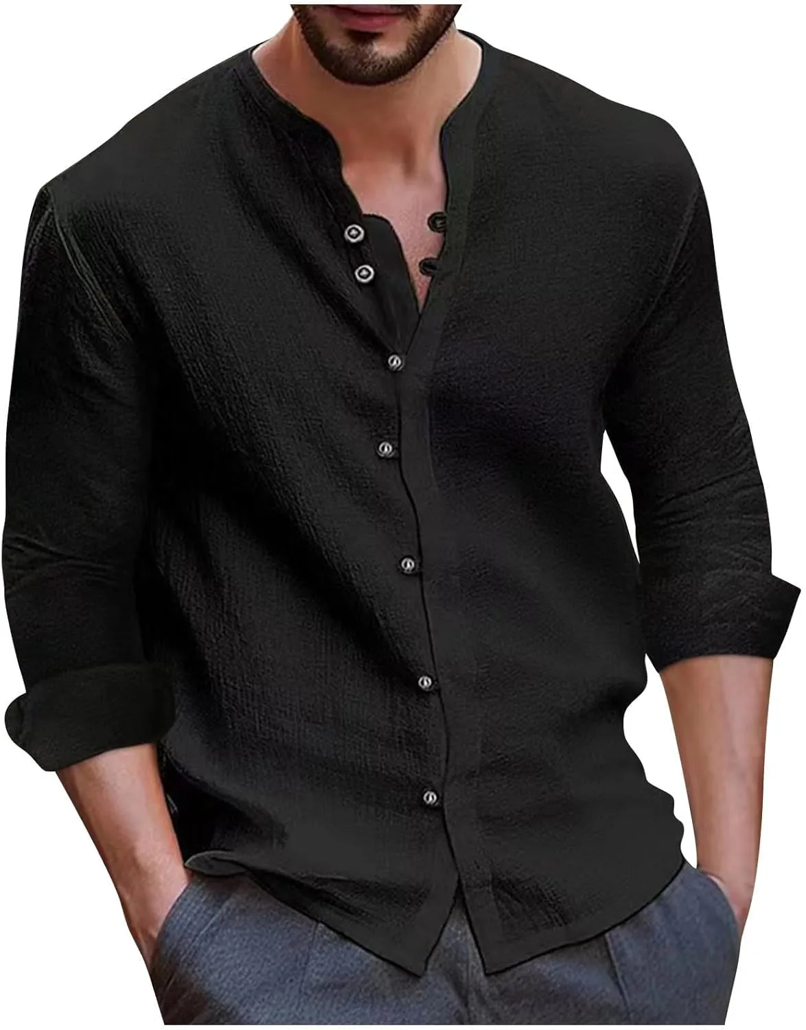 Mens Cotton Linen Shirts Vintage Lightweight Button Down Blouses Casual Loose Long Sleeve V-Neck Tops