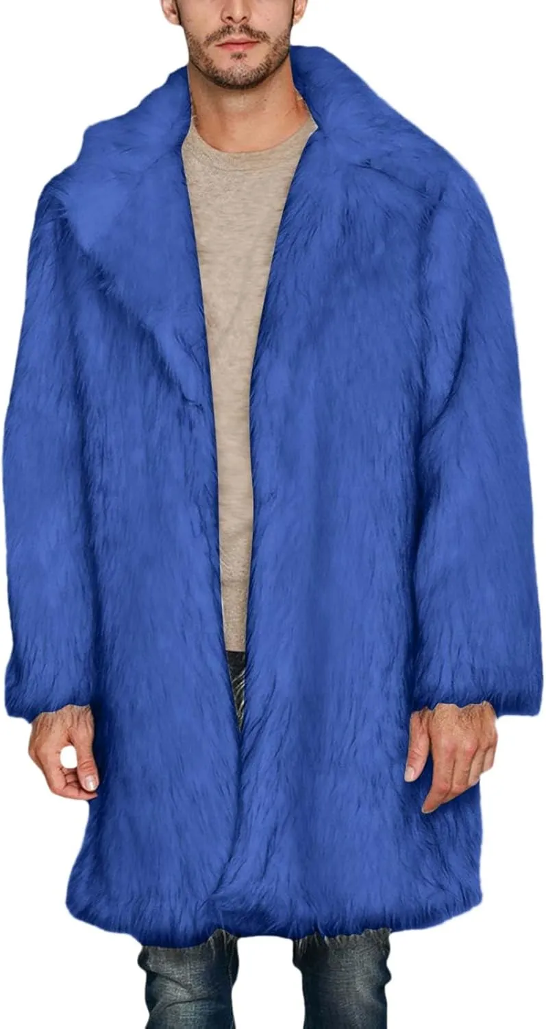 Men's Faux Fur Coat Open Front Thicken Warm Winter Overcoat Luxury Fluffy Soft Lapel Long Jackets Parka Outwear