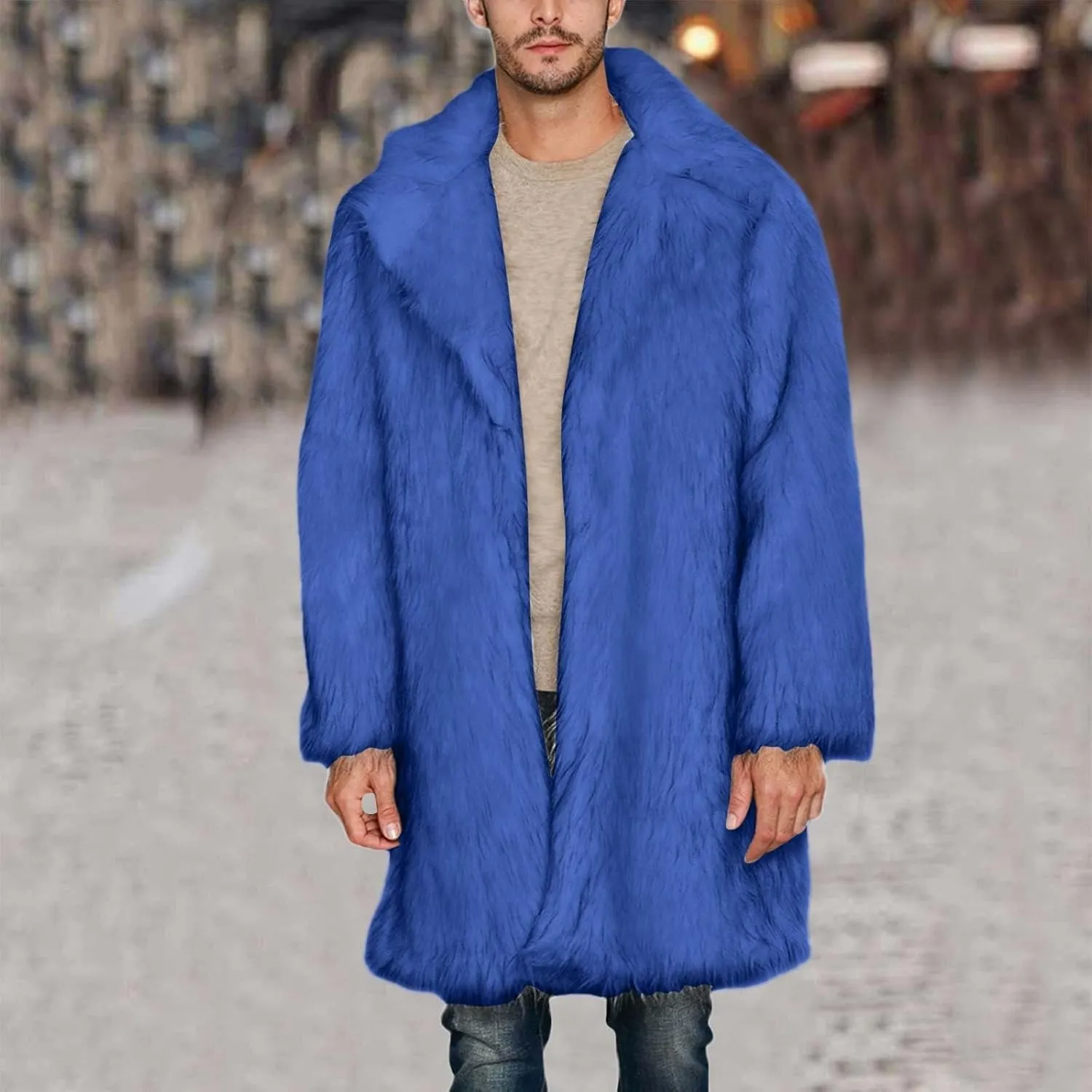 Men's Faux Fur Coat Open Front Thicken Warm Winter Overcoat Luxury Fluffy Soft Lapel Long Jackets Parka Outwear