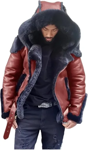 Mens Faux Leather Jacket Sherpa Lined Coat Faux Fur Hooded Jacket Oversized Hoodies Winter Overcoat Warm Top Outwear