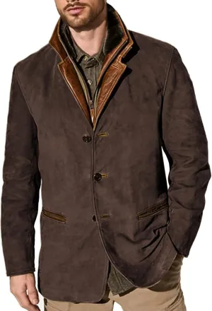 Mens Faux Suede Blazer Leather Suit Jacket Distressed Notch Lapel Buttons Sport Coat Zip Vintage Work Wear with Pockets