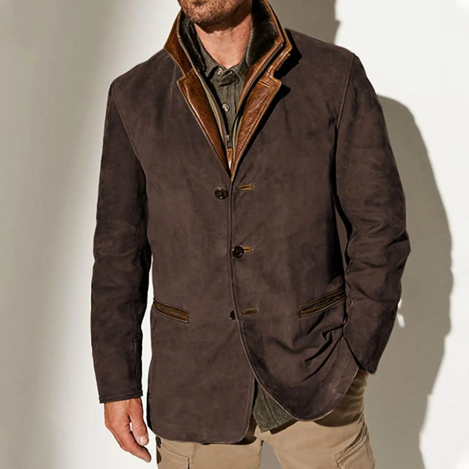 Mens Faux Suede Blazer Leather Suit Jacket Distressed Notch Lapel Buttons Sport Coat Zip Vintage Work Wear with Pockets