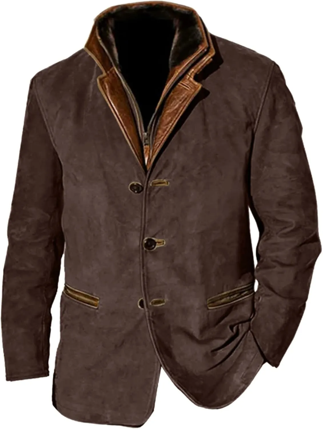 Mens Faux Suede Blazer Leather Suit Jacket Distressed Notch Lapel Buttons Sport Coat Zip Vintage Work Wear with Pockets