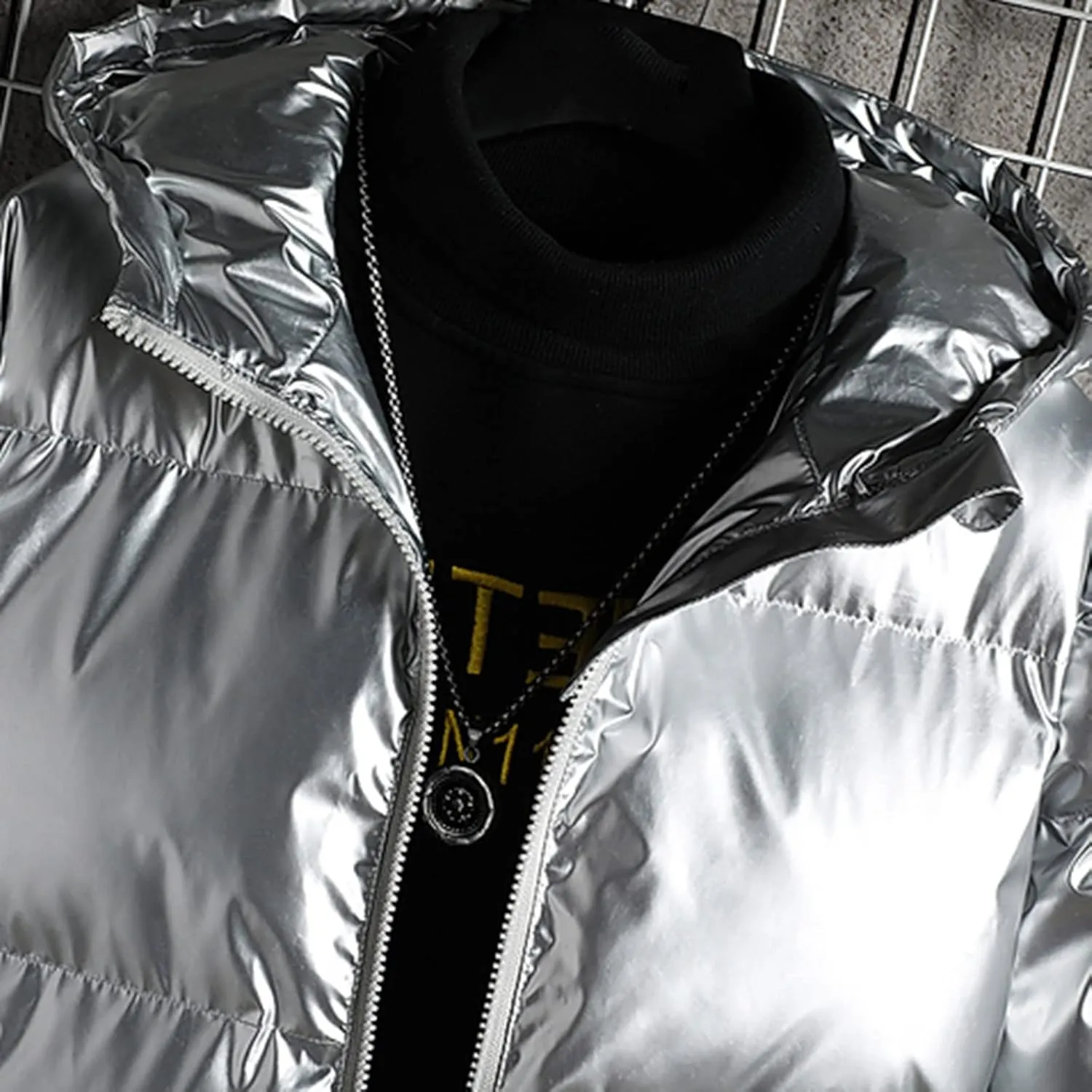 Men's Glossy Padded Winter Hood Coat Shiny Reflective Cotton Padded Hooded Trendy Plus Size Plus Size Hooded Coat