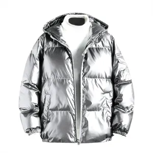 Men's Glossy Padded Winter Hood Coat Shiny Reflective Cotton Padded Hooded Trendy Plus Size Plus Size Hooded Coat