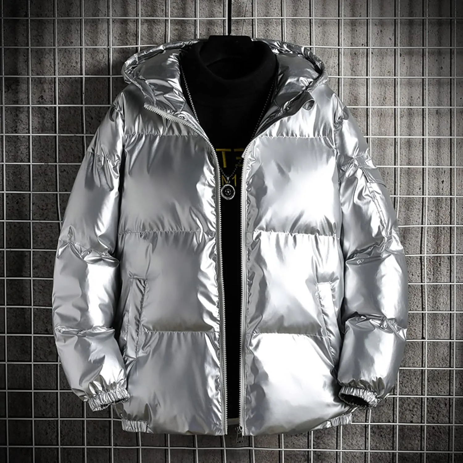 Men's Glossy Padded Winter Hood Coat Shiny Reflective Cotton Padded Hooded Trendy Plus Size Plus Size Hooded Coat