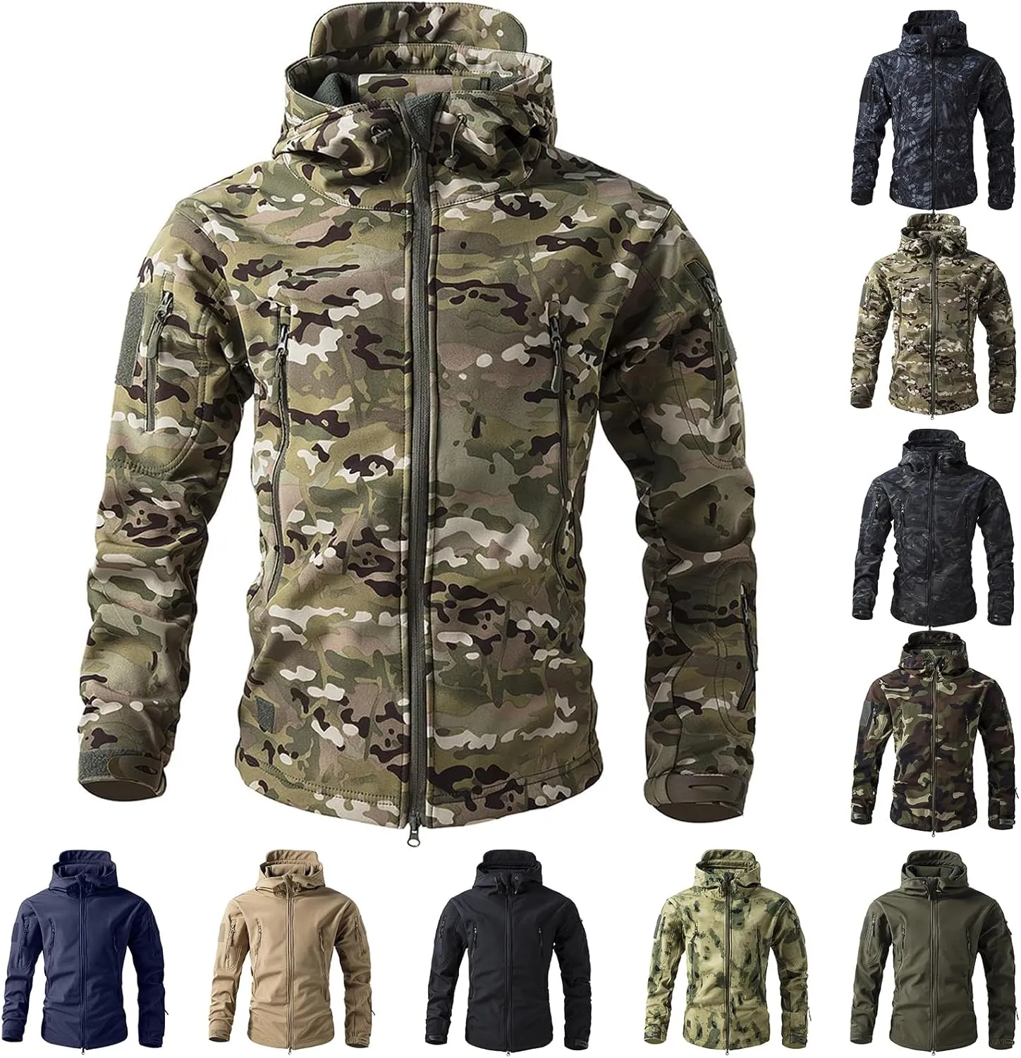 Men's Military Tactical Jackets Camouflage Softshell Fleece Fall Windbreaker Waterproof Outdoor Hooded Rain Coats