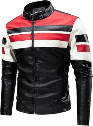 Men's Stand Collar Leather Jacket Fall Trendy Color Block Motor Biker Jacket Full Zip Outerwear Coats S-5XL