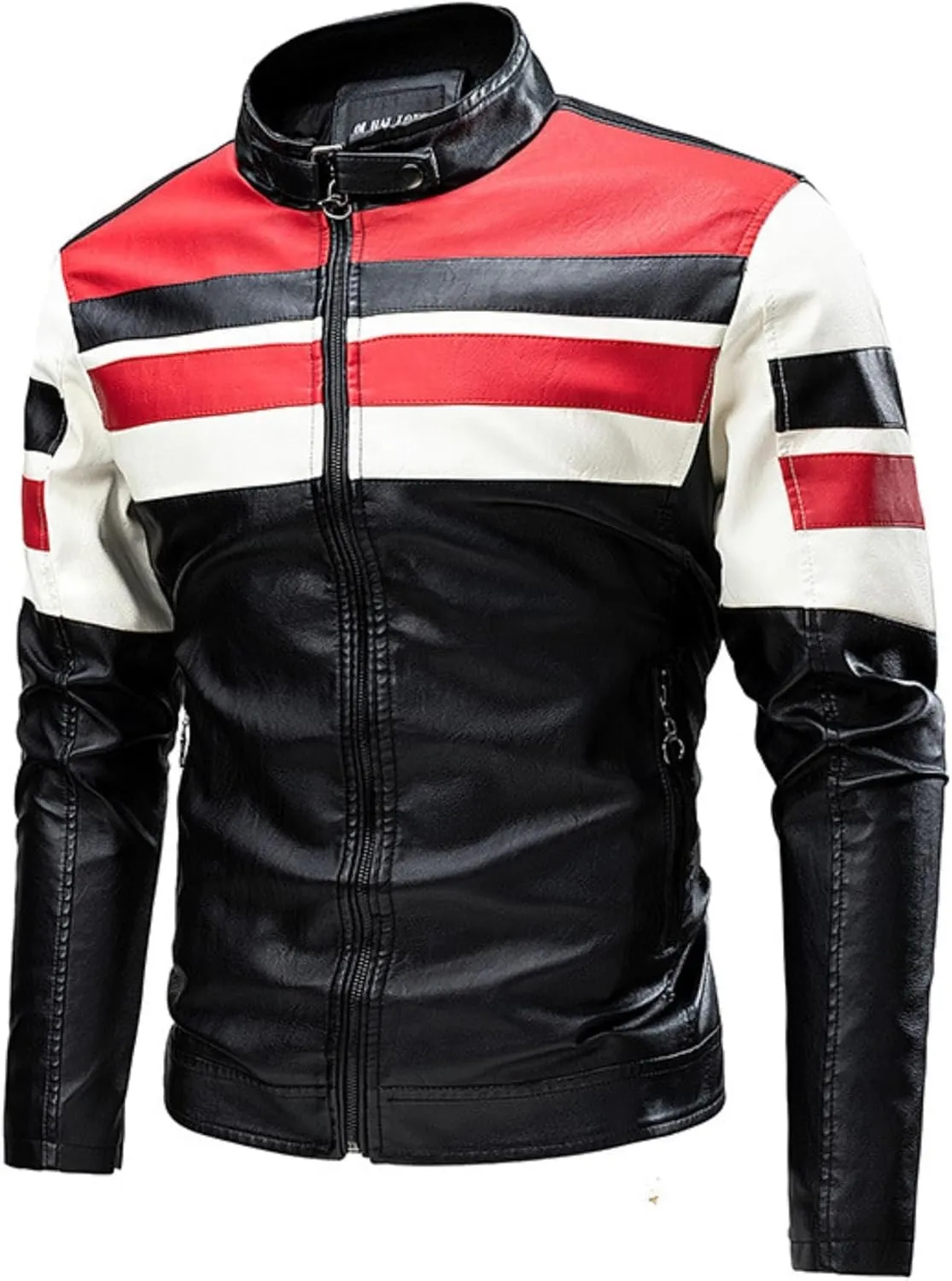 Men's Stand Collar Leather Jacket Fall Trendy Color Block Motor Biker Jacket Full Zip Outerwear Coats S-5XL