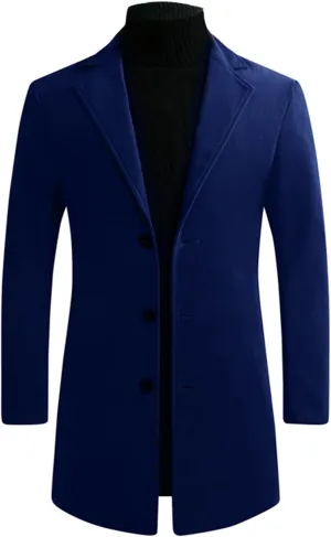 Mens Trench Coats Mid Long Single Breasted Pea Coat Casual Winter Business Casual Slim Fit Wool Jacket Warm Overcoat