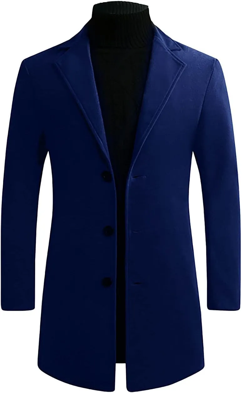 Mens Trench Coats Mid Long Single Breasted Pea Coat Casual Winter Business Casual Slim Fit Wool Jacket Warm Overcoat