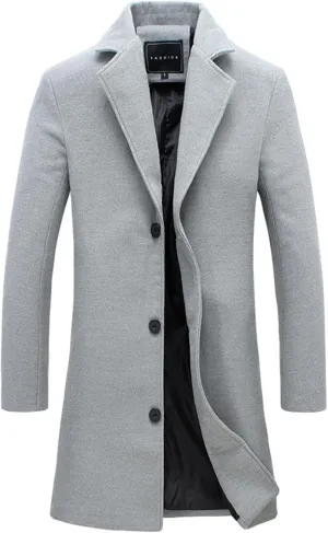 Mens Trench Coats Winter Long Jackets Wool Blend Pea Coat Trendy Notched Lapel Overcoat Single Breasted Jacket