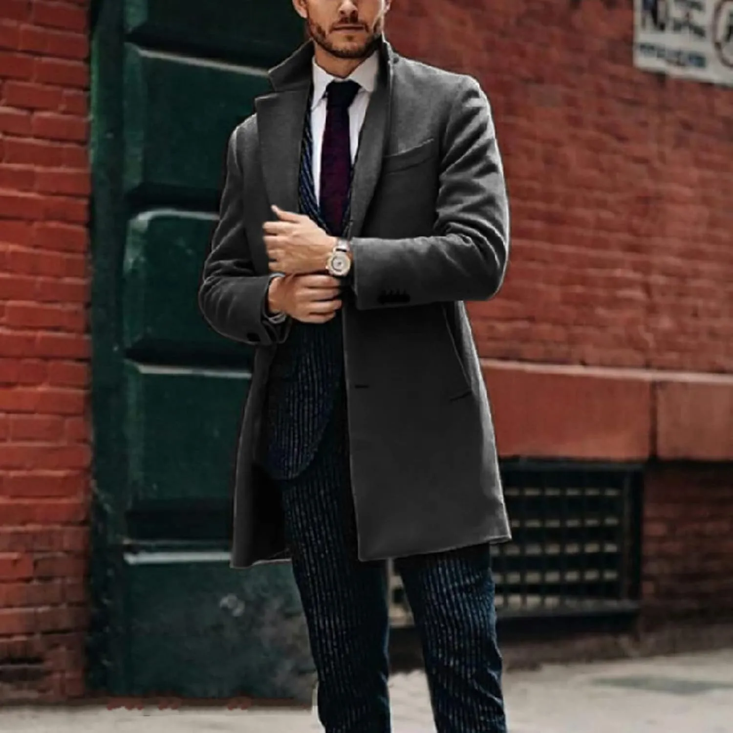 Men's Wool Blend Pea Coat Notched Collar Single Breasted Overcoat Warm Winter Mid-Length Thermal Business Peacoat