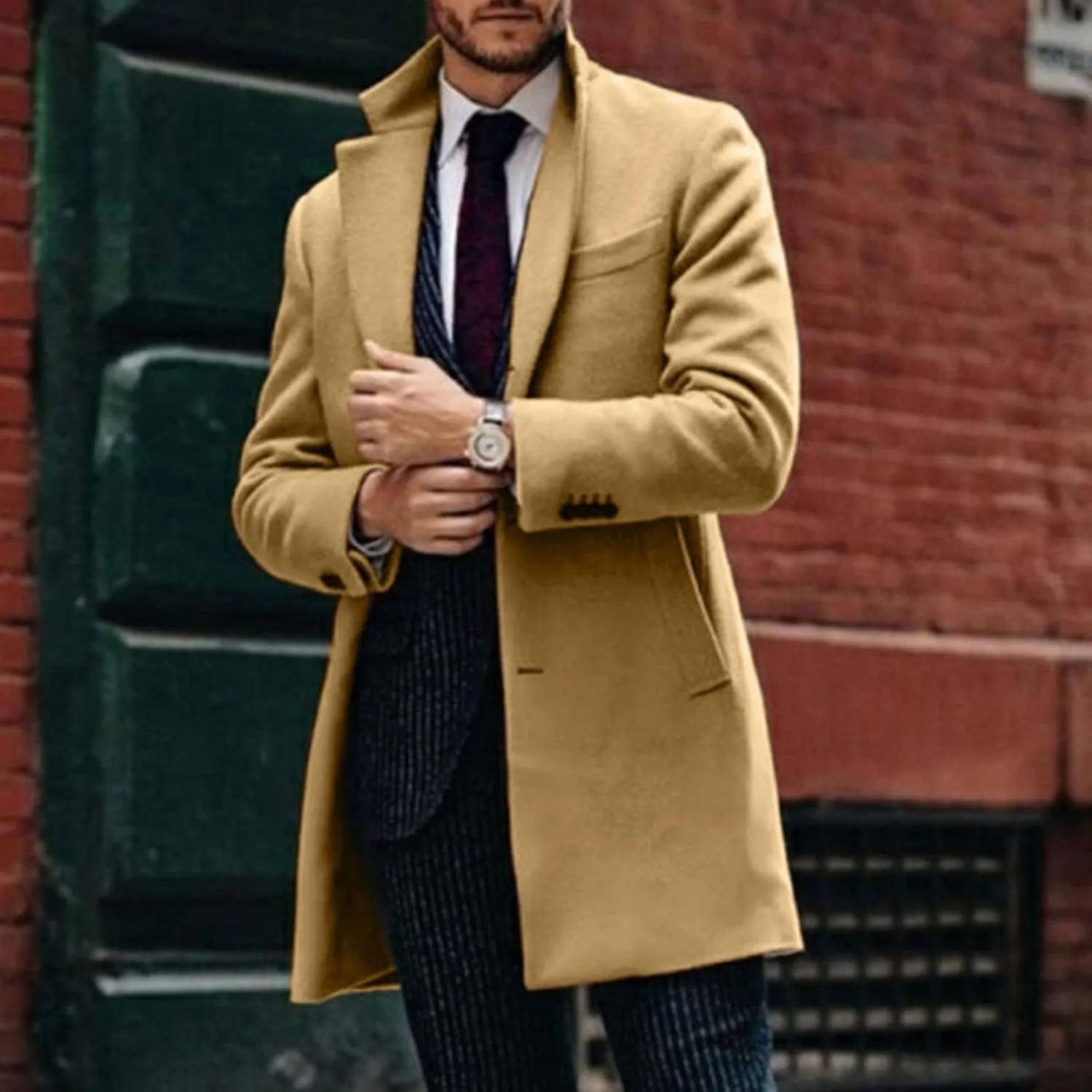 Men's Wool Blend Pea Coat Notched Collar Single Breasted Overcoat Warm Winter Mid-Length Thermal Business Peacoat