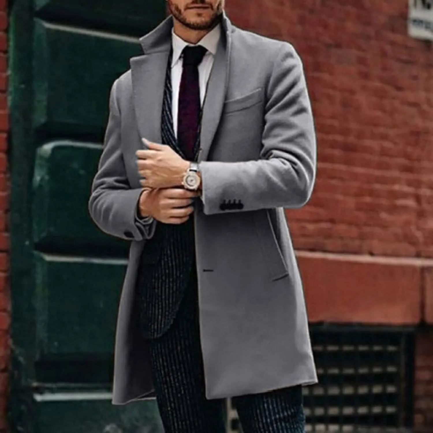 Men's Wool Blend Pea Coat Notched Collar Single Breasted Overcoat Warm Winter Mid-Length Thermal Business Peacoat