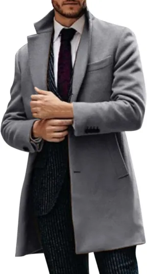 Men's Wool Blend Pea Coat Notched Collar Single Breasted Overcoat Warm Winter Mid-Length Thermal Business Peacoat