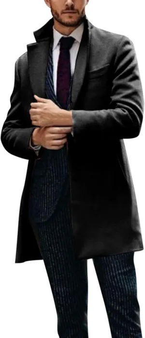 Men's Wool Blend Pea Coat Notched Collar Single Breasted Overcoat Warm Winter Mid-Length Thermal Business Peacoat