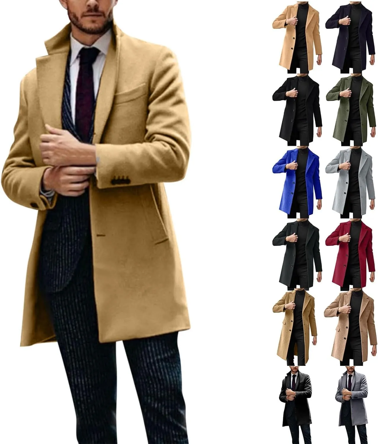 Men's Wool Blend Pea Coat Notched Collar Single Breasted Overcoat Warm Winter Mid-Length Thermal Business Peacoat