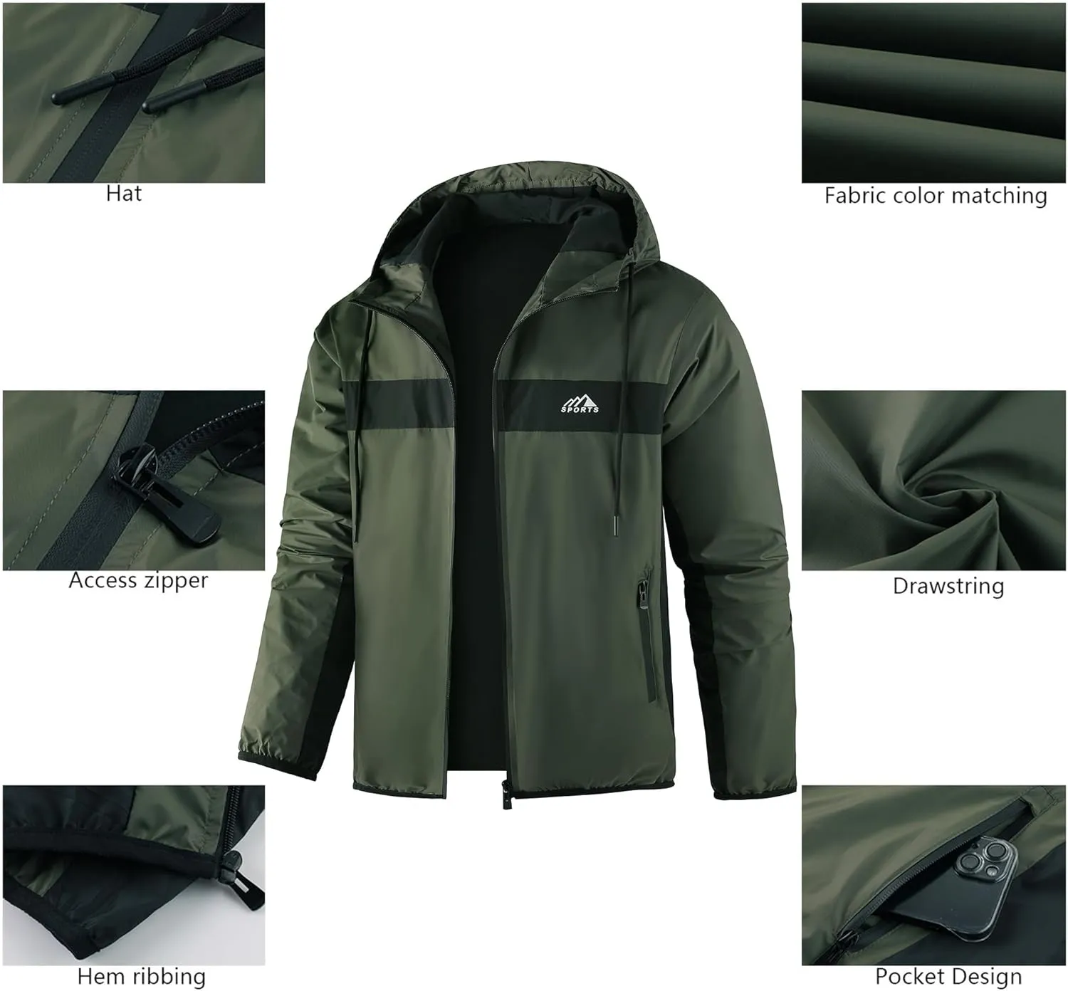 Men's Zip Up Waterproof Rain Jacket Outdoor Lightweight Softshell Raincoat for Hiking Travel WIth zippered Pocket