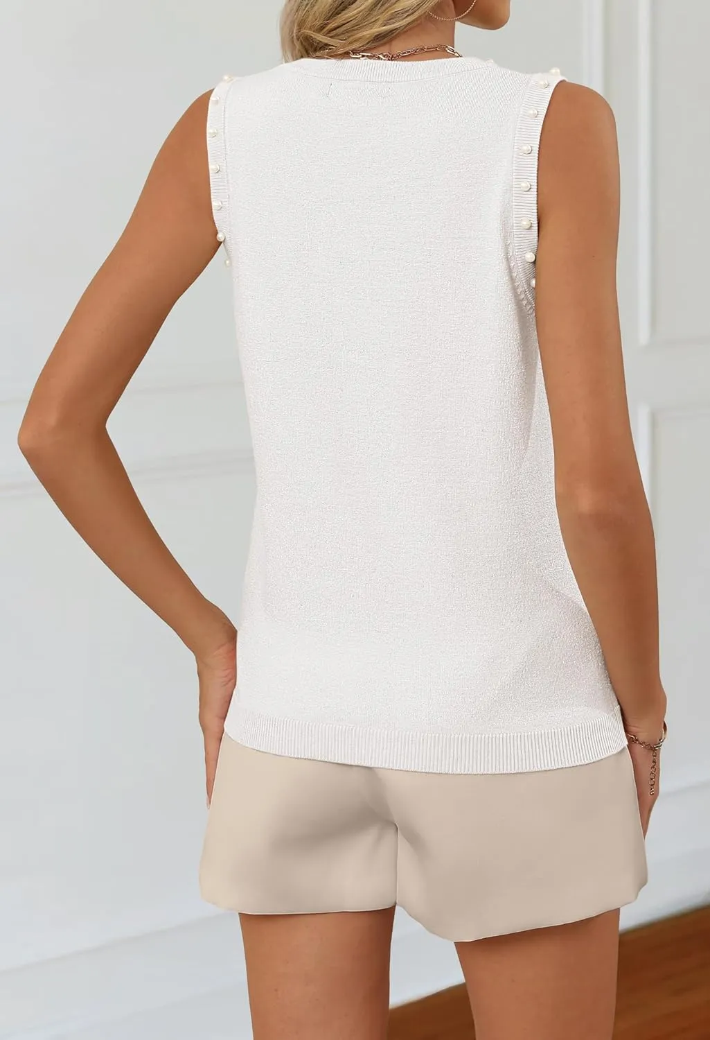 MEROKEETY Women's 2025 Sleeveless Sweater Vest Summer Knit Tank Tops Dressy Casual Crewneck Pearl Blouses