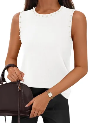 MEROKEETY Women's 2025 Sleeveless Sweater Vest Summer Knit Tank Tops Dressy Casual Crewneck Pearl Blouses