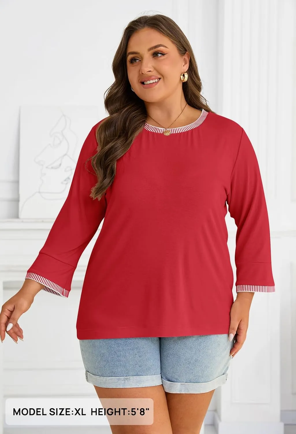 MEROKEETY Women's 3/4 Length Sleeve Tops Dressy Casual Crew Neck Loose Trendy Spring Blouses T Shirts