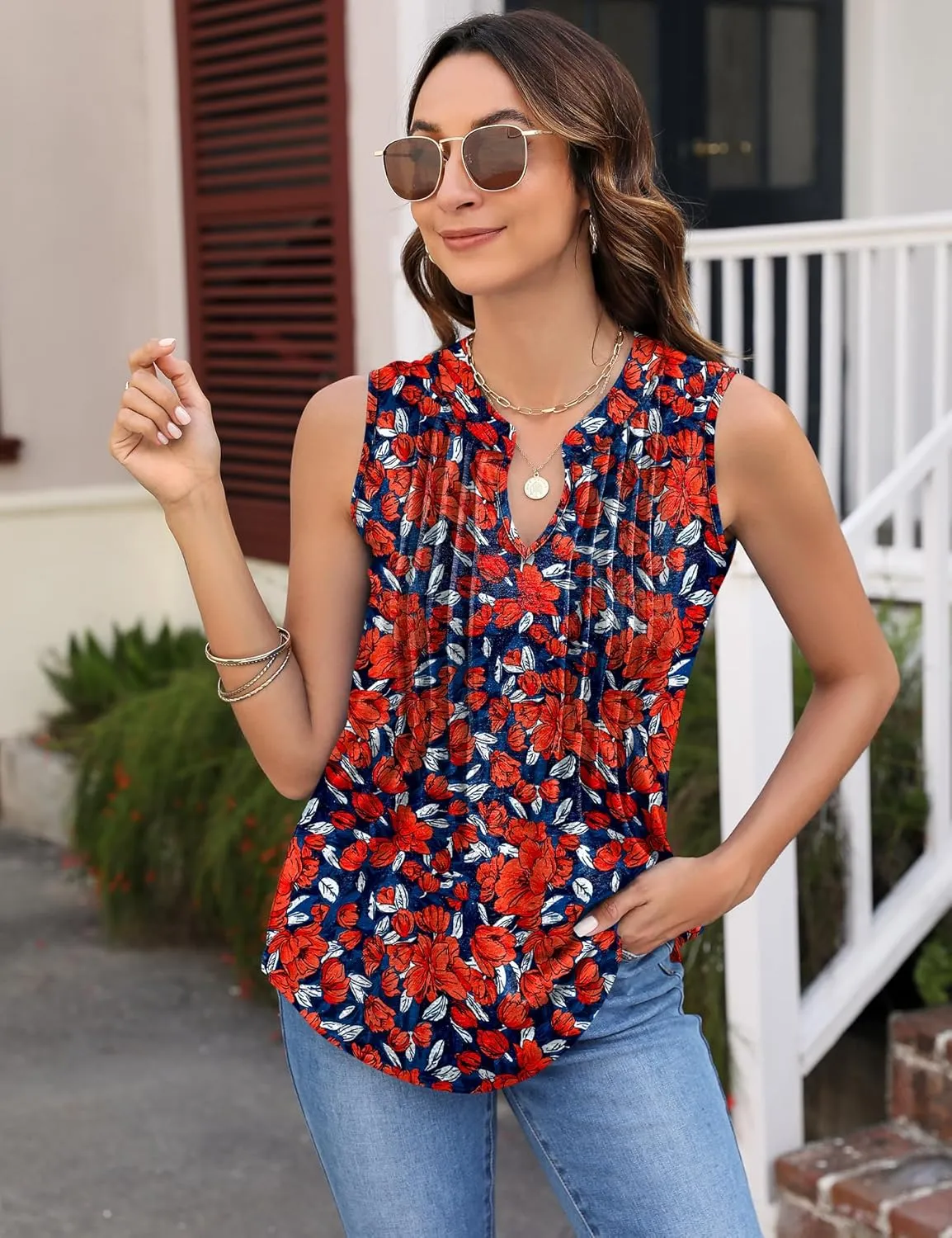Micoson Womens Tank Tops Sleeveless V Neck Pleated Summer Blouses Loose Casual T Shirts