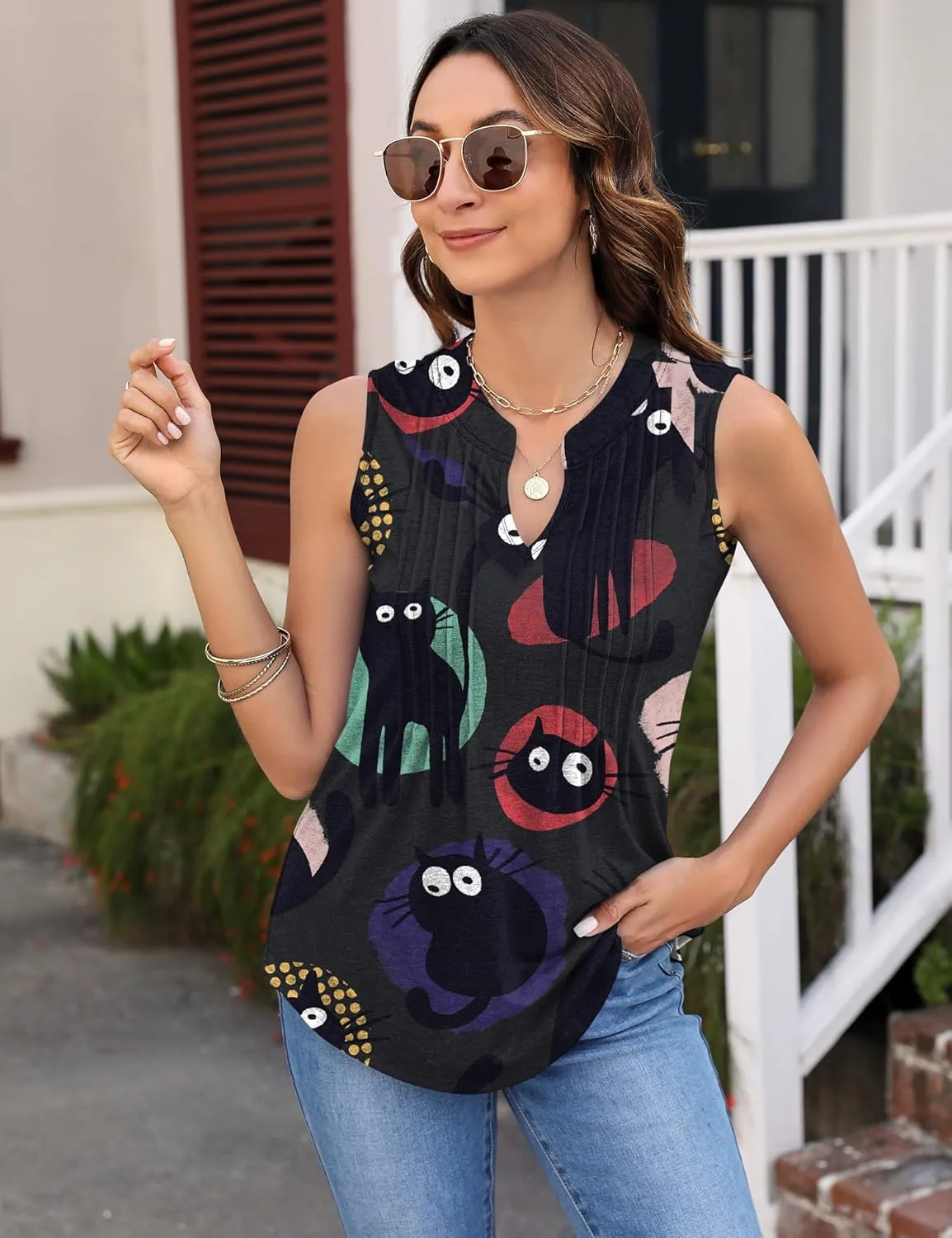 Micoson Womens Tank Tops Sleeveless V Neck Pleated Summer Blouses Loose Casual T Shirts