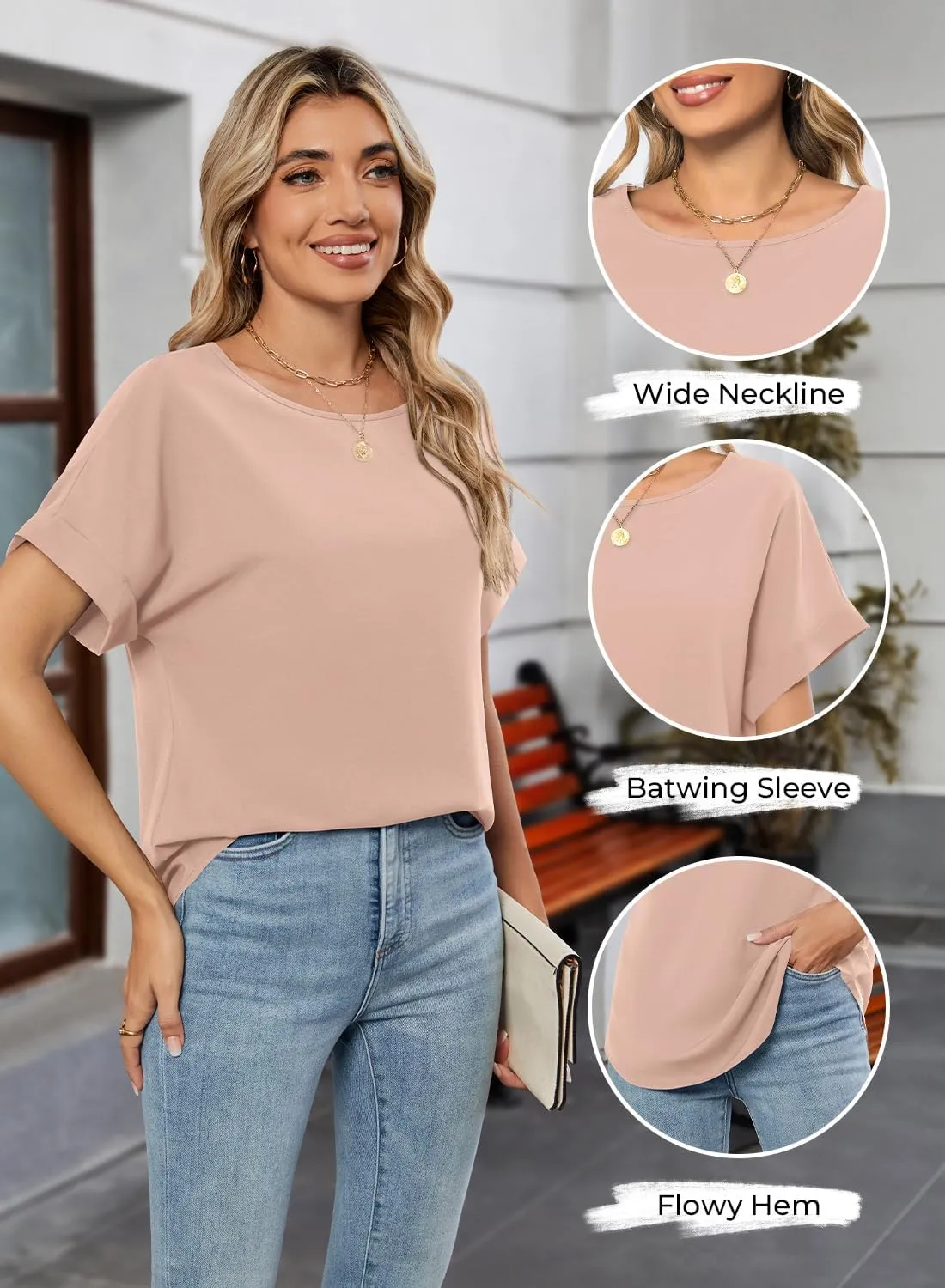 MIHOLL Womens Tops Dressy Casual Short Sleeve Solid Color Chiffon Blouses Summer Basic T Shirts