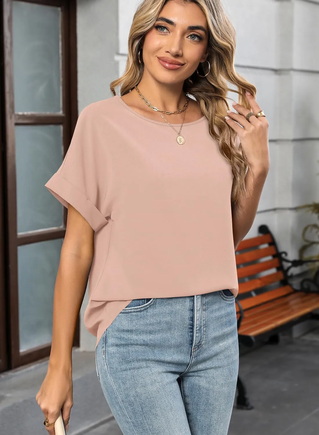 MIHOLL Womens Tops Dressy Casual Short Sleeve Solid Color Chiffon Blouses Summer Basic T Shirts