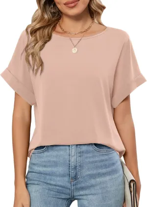 MIHOLL Womens Tops Dressy Casual Short Sleeve Solid Color Chiffon Blouses Summer Basic T Shirts