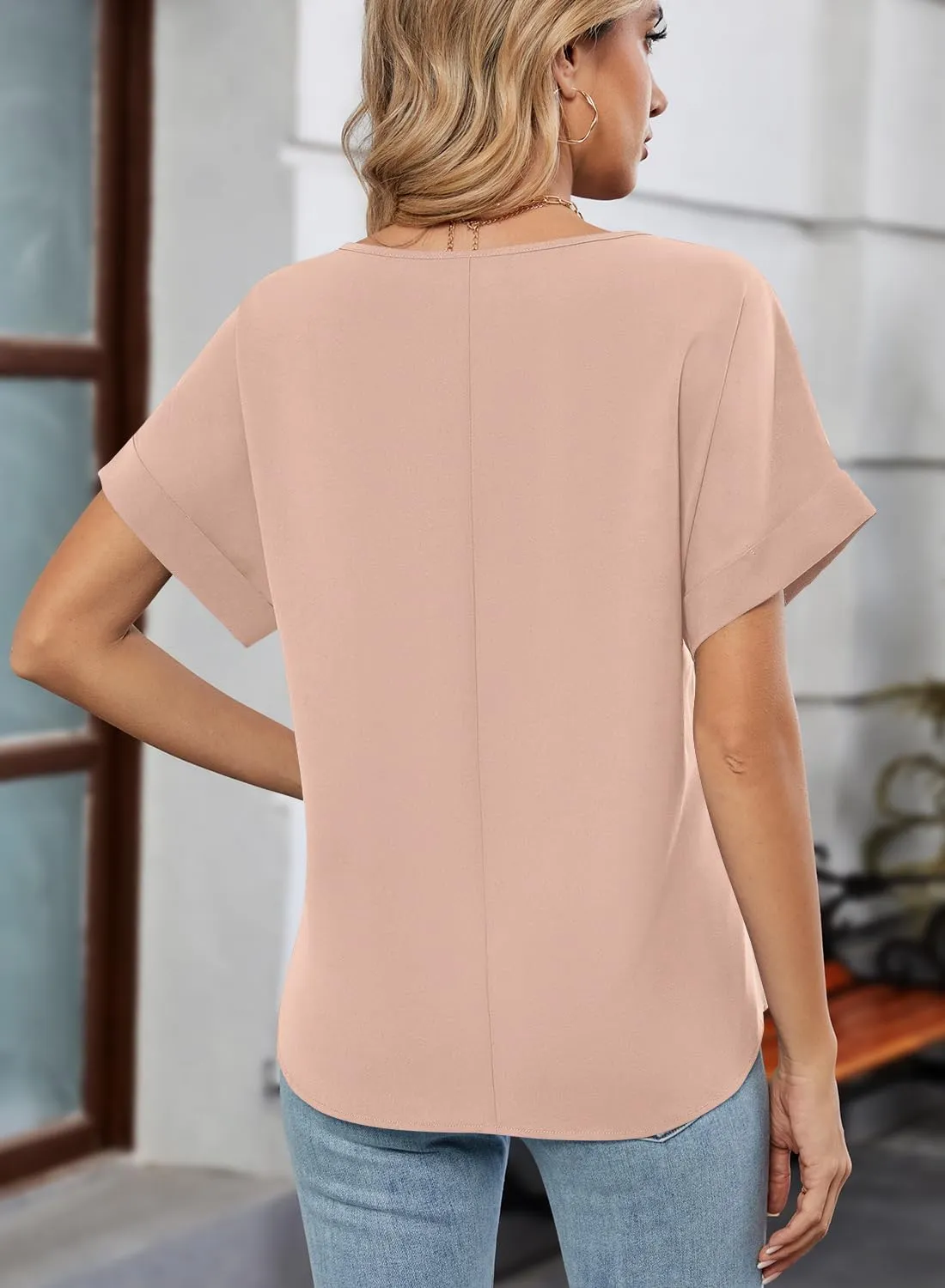 MIHOLL Womens Tops Dressy Casual Short Sleeve Solid Color Chiffon Blouses Summer Basic T Shirts