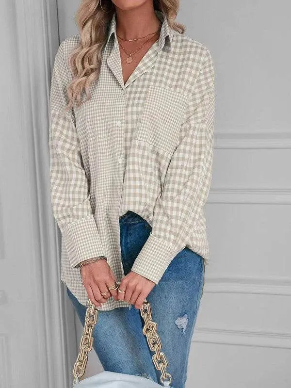 Miss Sparkling Elegant Plaid Button Up Long Sleeves V-Neck Blouse