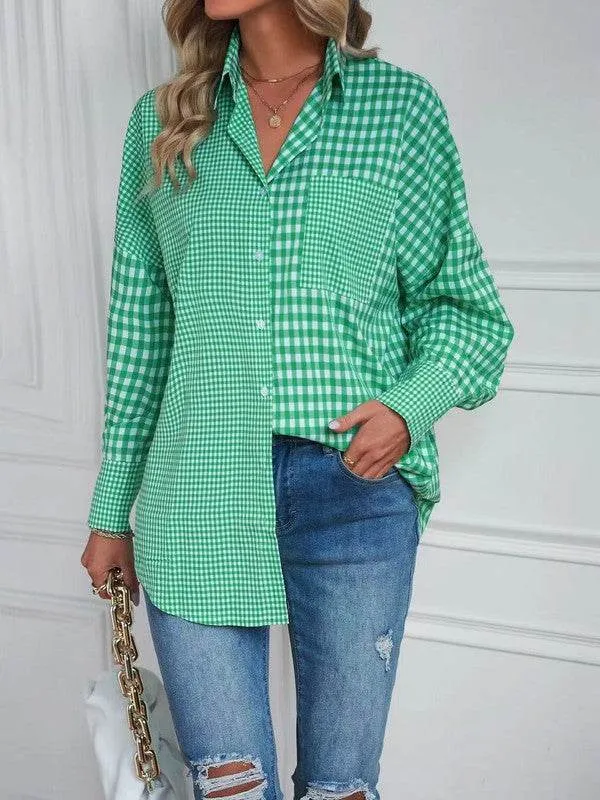 Miss Sparkling Elegant Plaid Button Up Long Sleeves V-Neck Blouse