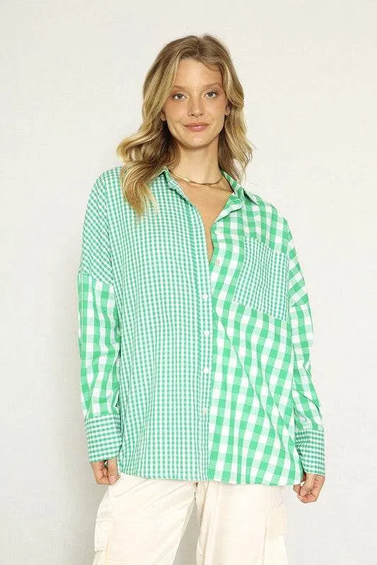 Miss Sparkling Elegant Plaid Button Up Long Sleeves V-Neck Blouse