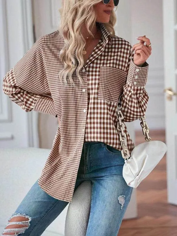 Miss Sparkling Elegant Plaid Button Up Long Sleeves V-Neck Blouse