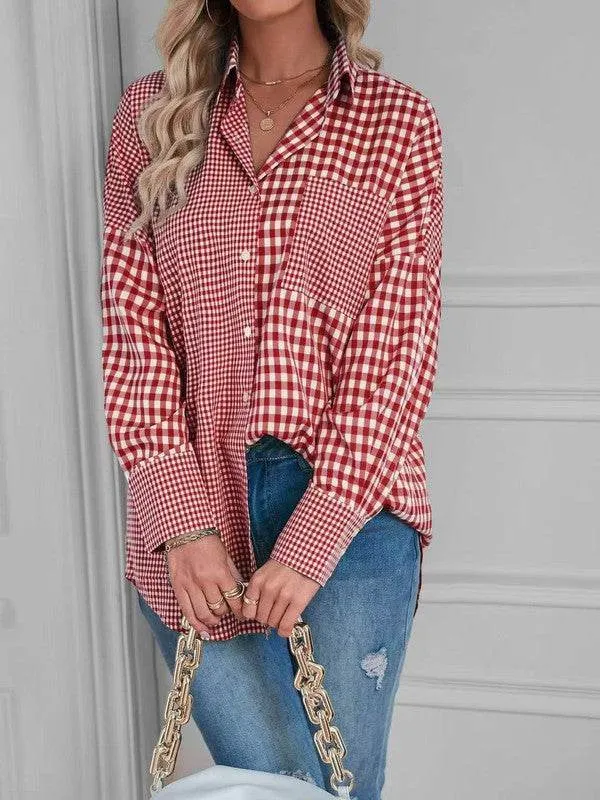 Miss Sparkling Elegant Plaid Button Up Long Sleeves V-Neck Blouse