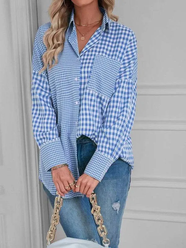 Miss Sparkling Elegant Plaid Button Up Long Sleeves V-Neck Blouse