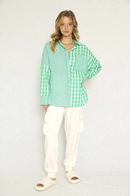 Miss Sparkling Elegant Plaid Button Up Long Sleeves V-Neck Blouse